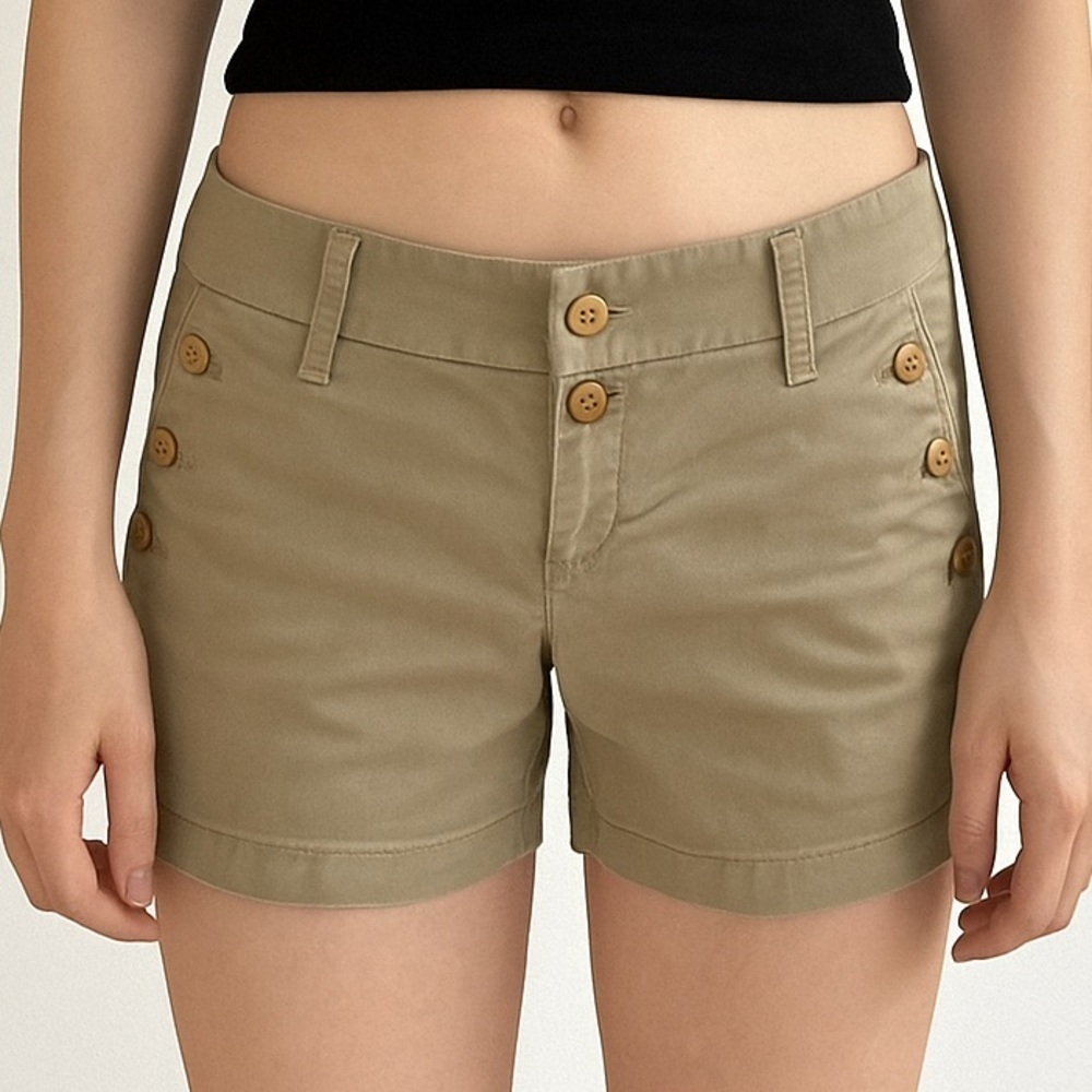 Vintage Juicy Couture Y2K Tan Khaki Mini Shorts Low Rise Buttons 4 Preppy Chic